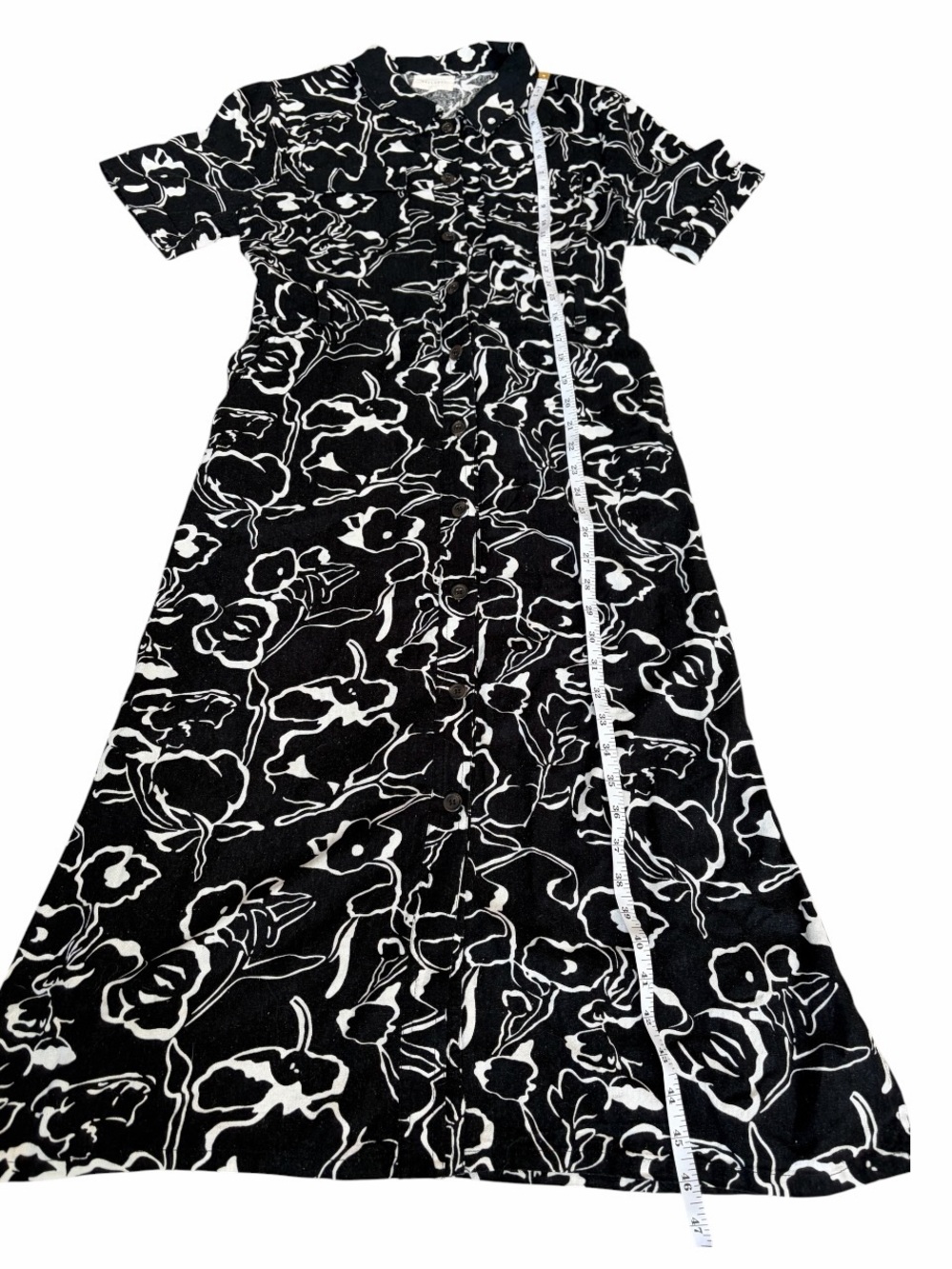 MELLODAY Black & White Floral Abstract Print Midi Shirt Rayon-Linen Blend Dress - Picture 8 of 11